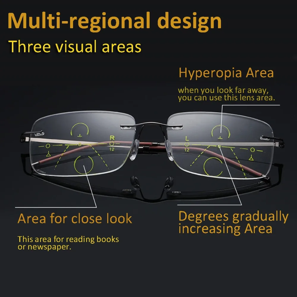 Многофокальные очки, прогрессивные, без оправы, очки для чтения, для мужчин и женщин, с переходом, матричные линзы, высокое качество, материал, сплав, оправа, диопт