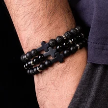 Preto Natureza Pedra de Lava Pedra Bead Charme Cruz Pulseiras Bangles For Men Masculino Buda Strand Pulseira Acessórios de Jóias na Mão(China)