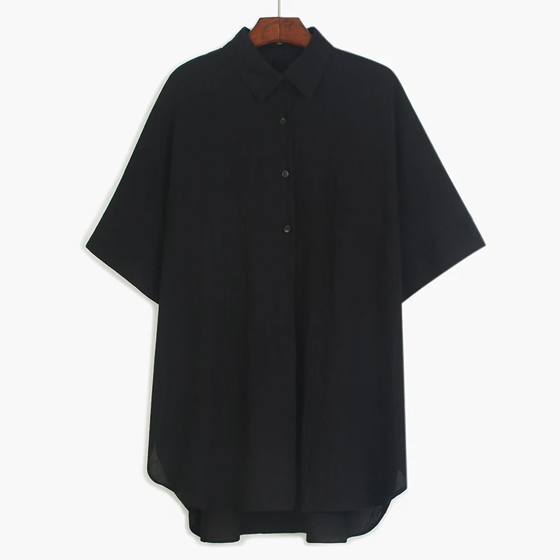 

[EAM] 2019 New Spring Summer Lapel Half Sleeve Black Loose Big Size Irregular Hem Shirt Women Blouse Fashion Tide JQ791