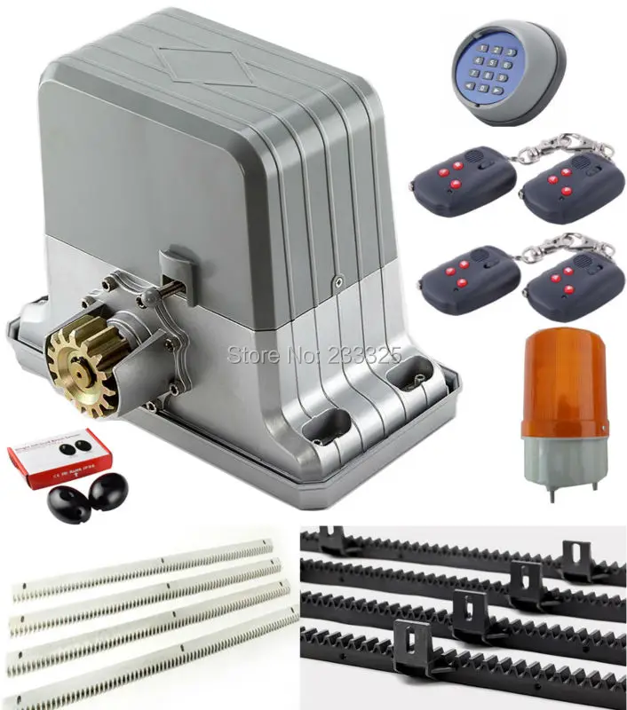 

Sliding Gate Opener/6m gear racks/1 pairs of gate photocell/wireless keypad/4 remote controls/1 flashing lamp