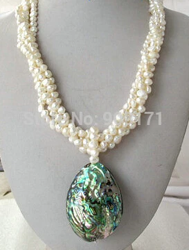 4ROW White Nugget Baroque Pearl Necklace Abalone Pendant fine jewelry 18&quot | Украшения и аксессуары