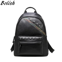 Bolish High Quality PU Leather Women Bag Fashion Rivet Women Backpack Preppy Style Color Line Female Backpack Travel Bag