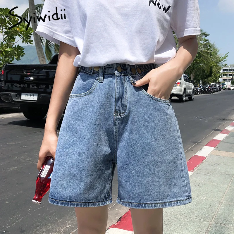 Пляжные стиль женские шорты деним Высокая талия пикантные короткие harajuku джинсовые штаны широкие ноги street цвет: черный