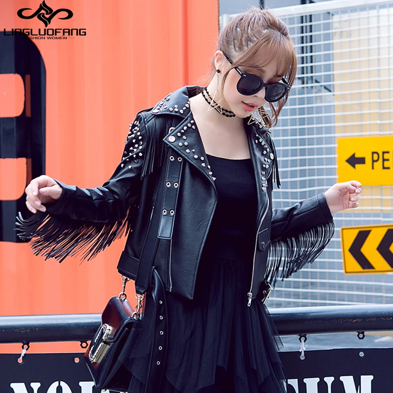 

Women Rivet Leather Coat Tassels PUNK Rock Dark Metal Music Festevial Show Cosplay Jacket Band Costumes Runway Show