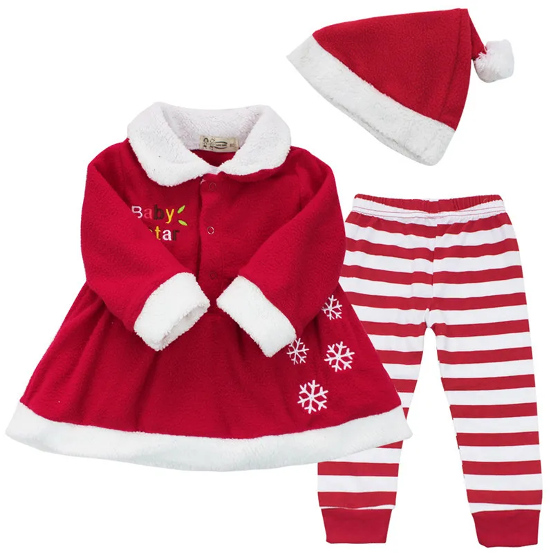 Новинка года; платье Санта-Клауса для маленьких девочек; рождественское платье со снежинками и длинными рукавами; топы штаны в полоску; комплект шляп; костюм Санта-Клауса; одежда