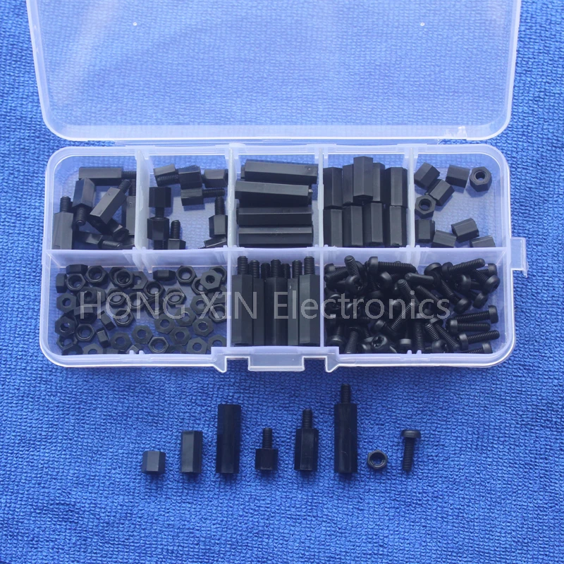 300pcs M3 Nylon Black Hex Screw Nut Spacer Stand-off Varied Length Assortment
