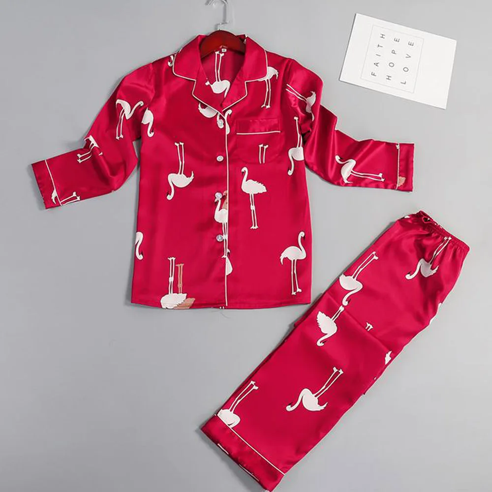 

Women Ladies Flamingo Pijama Satin Pyjamas Set Girls Cute Sleepwear Tops Shirts &Pants Lingerie pajamas femme Nightwear Homewear