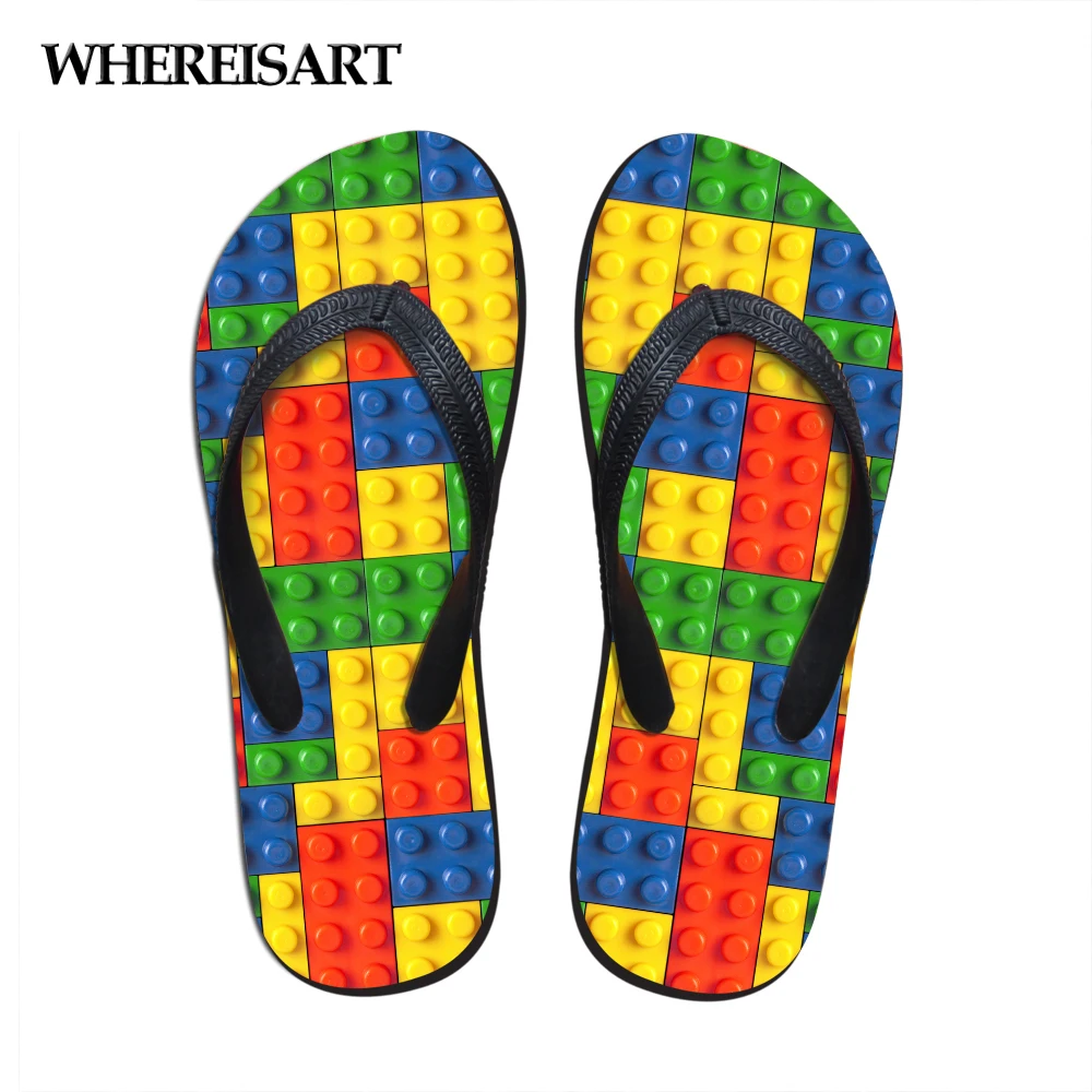 

WHEREISART Women Flats House Slipper 3D Tetris Print Summer Fashion Beach Sandals for Woman Ladies Flip Flops Rubber Flipflops