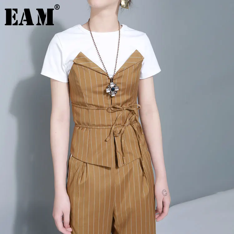 

[EAM] 2019 Autumn Fashion Trend New Yellow Striped Spliced Bandage Waist Vest Woman Tanl Tops Tide All-match Y2