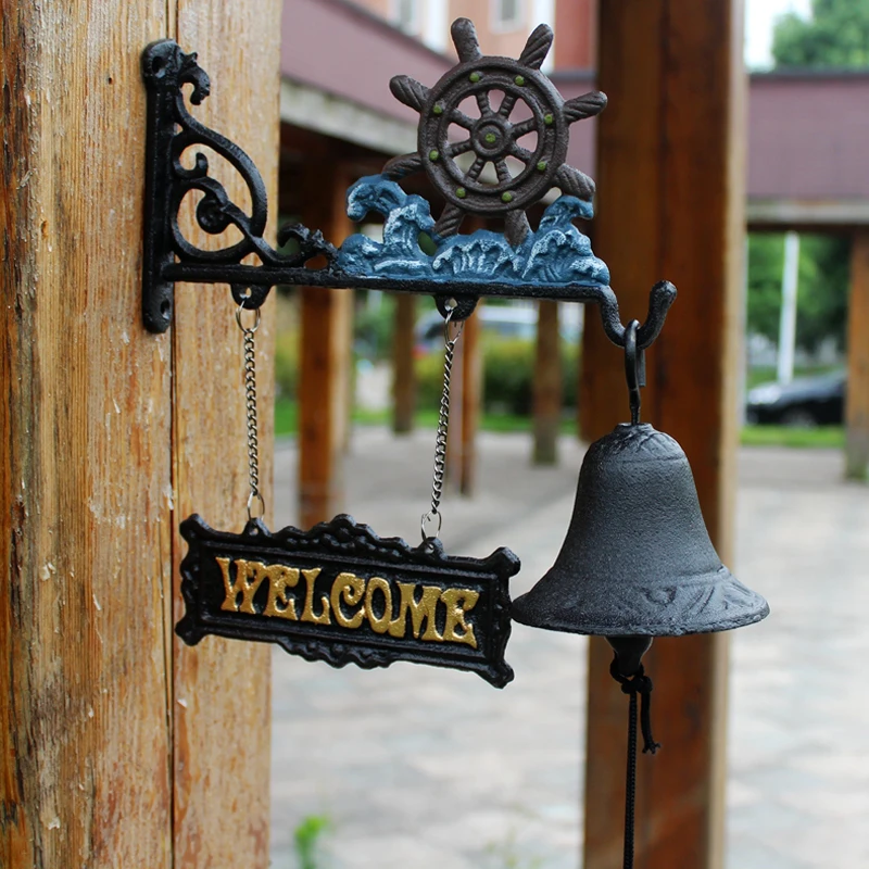 

Vintage Double Sided Beach Accent Rudder Design Black with Blue Hand Painted Cast Iron Door Hanging Welcome Plaques with Bell