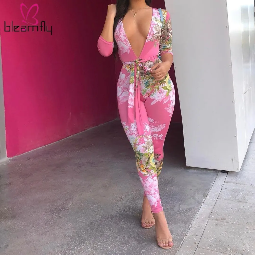 Pink Floral Sexy Jumpsuit Autumn Boho Party Club Overalls Deep V neck