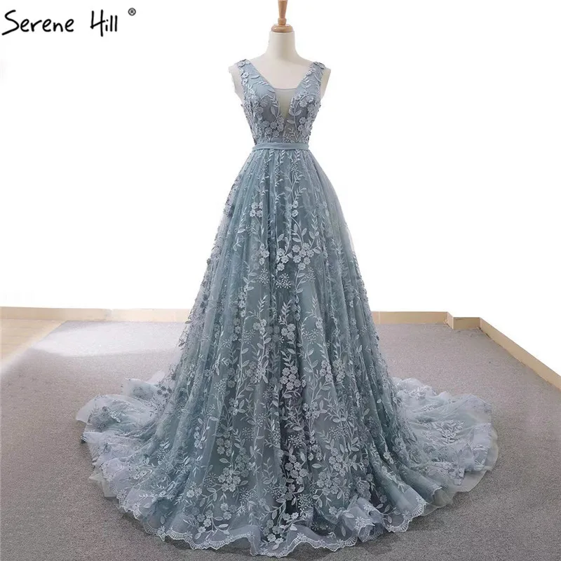 

Grey Blue Handmade Flowers Pearls Wedding Dresses 2019 Sexy V-Neck Sleeveless Bridal Gowns Real Photo Custom Made 66729