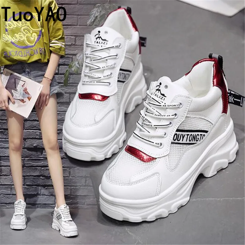 

2019 New Women's Casual Shoes Mesh Breathable Platform Wedge Heels Shoes 9.5cm Summer Sneakers White Shoes Zapatillas Deportivas
