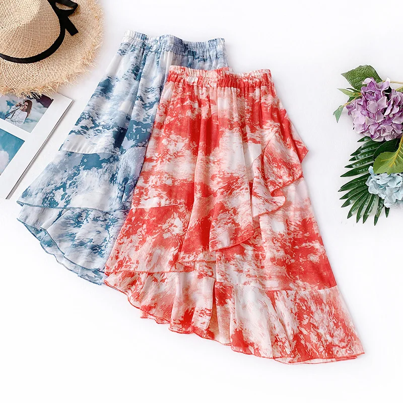 

AcFirst Summer Yellow Women Skirt Women High Waist Long Skirt Mid-Calf Skirt Casual Printed Chiffon Sexy Asymmetrical Skirts