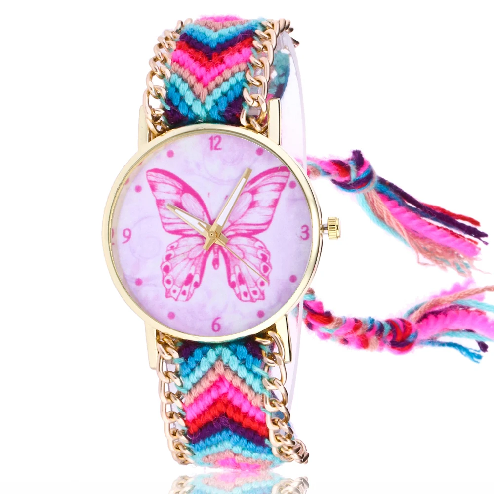 Новые модные женские часы ретро розовый циферблат часы Бабочка Досуг ручной работы вязаный ремешок женская одежда кварцевые наручные часы