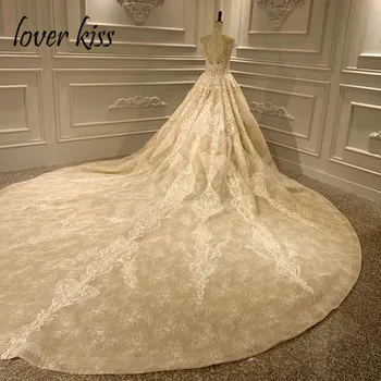 شراءعاشق قبلة Vestido دي Noiva الفاخرة الدانتيل مطرز الشمبانيا فساتين الزفاف مع الأكمام كاب عالية الرقبة زي العرائس رداء خطاباتخطابهزوجات