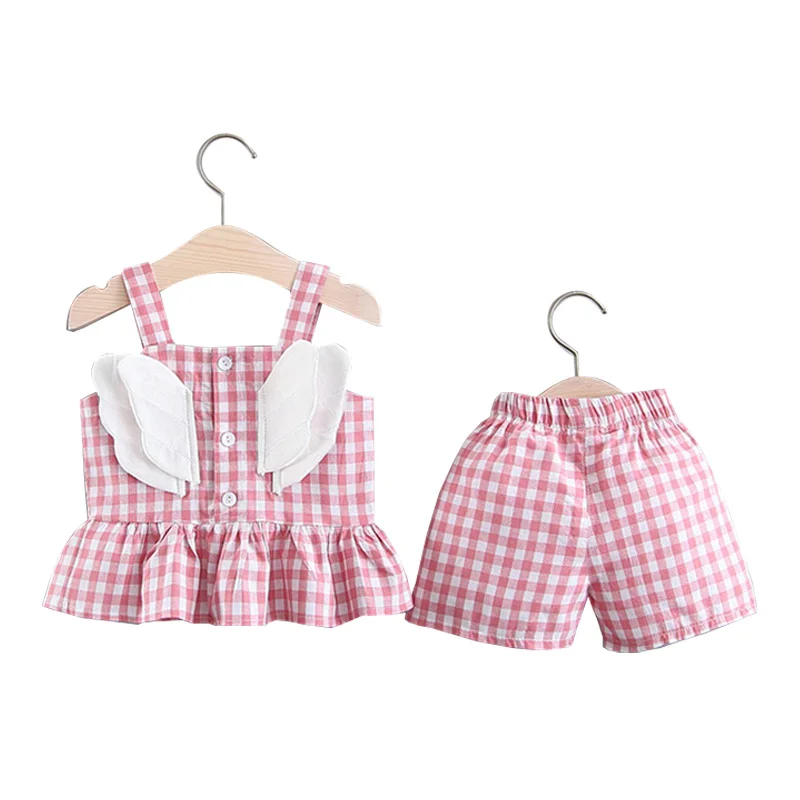 

2019 New Baby Girl Clothes Summer Plaid Tops Shorts Baby Girl Outfit with Wings Kids Clothes Suit Baby Girl Set Infant Clothing