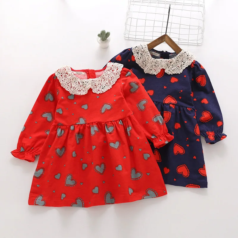 

Sweet Baby Hearts Print Lace Holiday Party Clothes Princess Pretty Kids Girls Ruffles Red Blue Color Dress