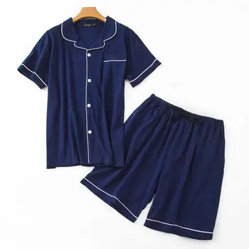 

2020 Summer Plus size Men Casual Pajama sets Male 100%Cotton Sleepwear suit Men's Turn-Down collar Cardigan shirt & Half Pants