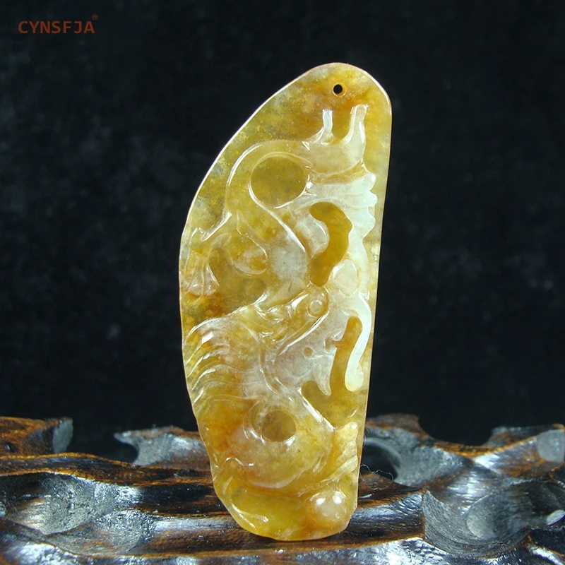 

Rare Certified Natural A Grade Burmese Emerald Jadeite Lucky Dragon Jade Pendant Yellow High Quality Hand Carved Wonderful Gifts
