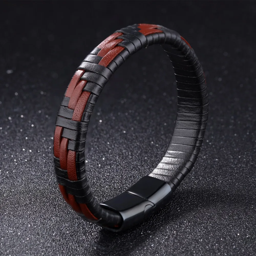 Мужской плетеный кожаный браслет ручной работы черного и коричневого цвета с магнитной застежкой из нержавеющей стали