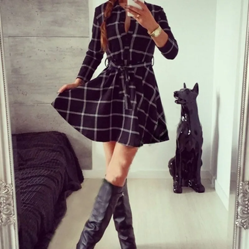 CLize-2016-Spring-Women-Sexy-Three-Quarter-Sleeve-Black-Plaid-Dress-Lapel-Shirt-Mini-Belted-Casual (1)