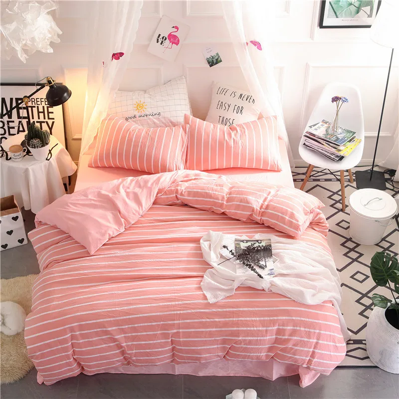 Pink Stripe Washable Cotton Bedding Sets Fashion Soft Bed Linen Christmas Duvet Cover Pillowcase