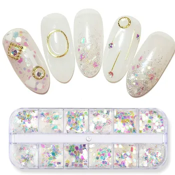 

12 Grids Mermaid Sequins 3D Sparkly Nail Art Glitters Transparent Aurora Flakes Holographic Paillette Charm Manicure Decorations