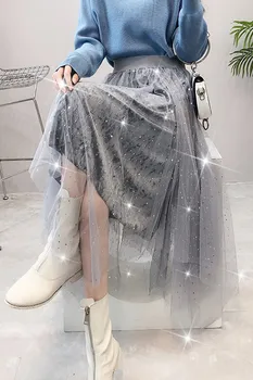 

Sequined Mesh Skirt2019 Spring Summer Korean Fairy Punk Irregular Skirt Women High Waist Elegant A Line Skirt Sweet Long Skirts