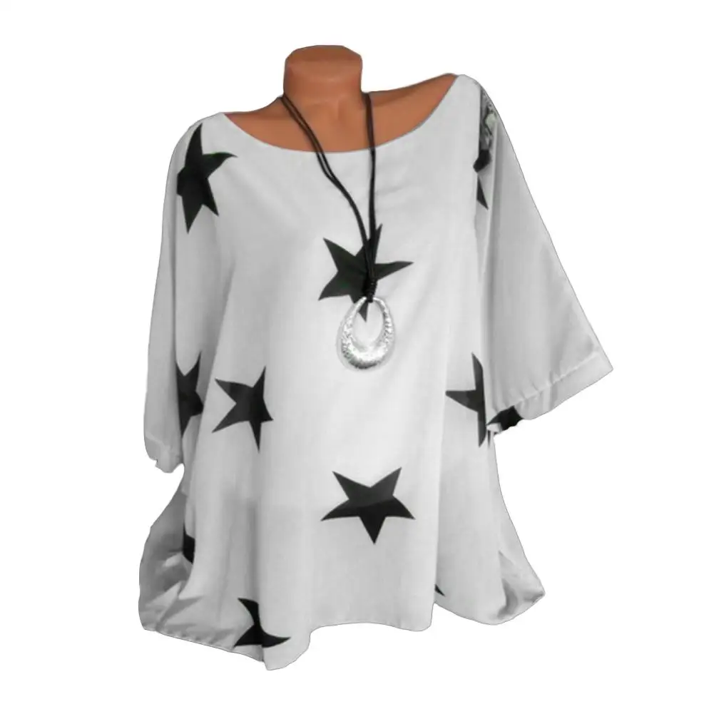 

Stars Pattern Round Neck Half Sleeve Women Casual Loose Chiffon Blouse Top