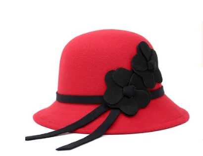 Новые осенние и зимние купольные шляпы Дамская мода цветы Имитация шерсти шляпа - Цвет: Red