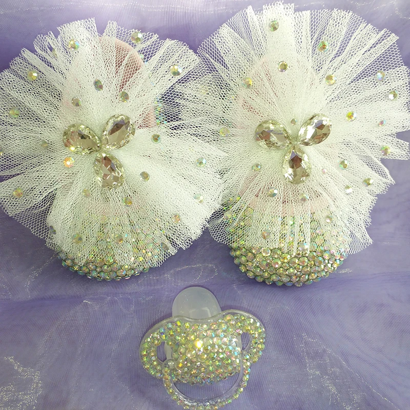 

free shipping Lace bowknot AB rhinestone Crystal Baby Girl's shoes handmade Bling diamond soft First Walkers shoes and pacifier