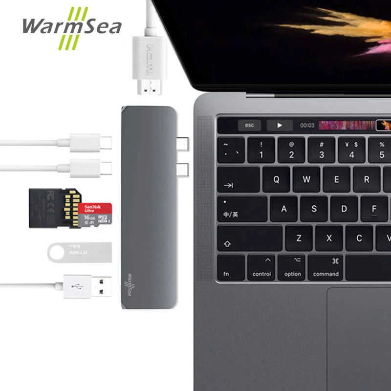 

USB Type C HUB Adapter Thunderbolt 3 with HDMI 4K USB3.0 PD Charging USB-C Data Port SD TF Card Reader for 2017 2016 MacBook Pro