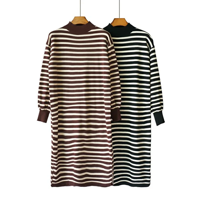 

Ladies Winter Dresses 2019 High Neck Warm Knitted Sweater Dress Women Side Slit Long Sleeve Loose Casual Striped Midi Dress Robe