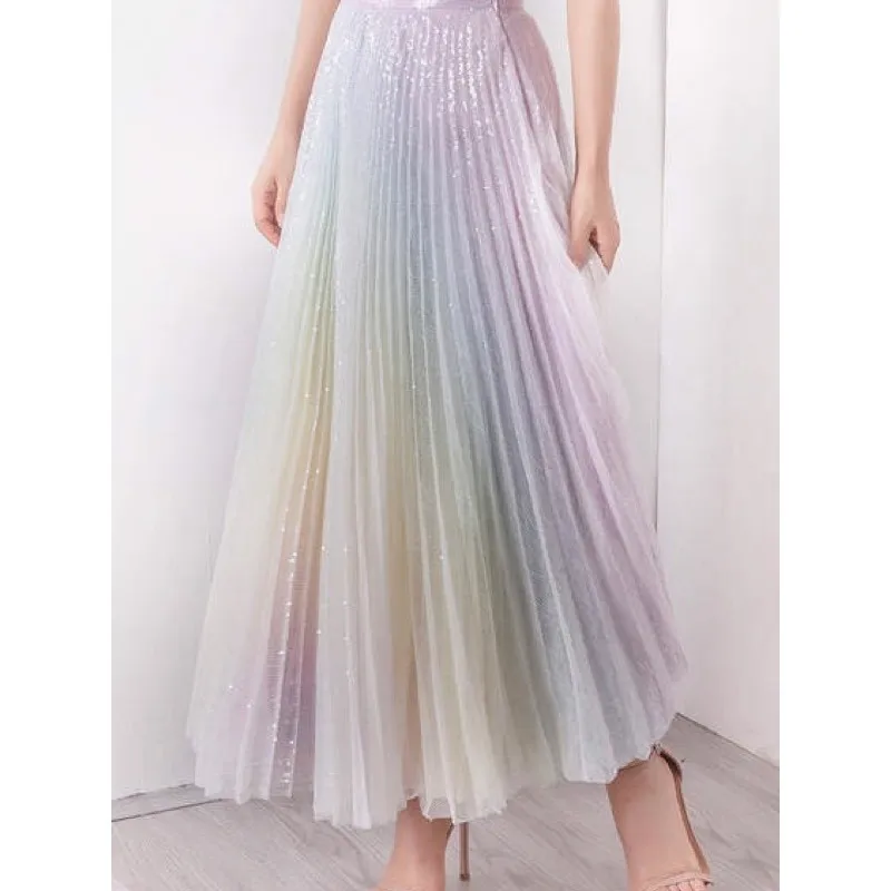 SE Women TUTU High Waist Skirt Mesh Midi Pleated Gauze Sequin Elegant Skirt Female Casual Fashion Gradient Rainbow Skirt