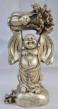 

001262 Chinese hand-carved Tibetan silver Maitreya Buddha the cabbage Statue