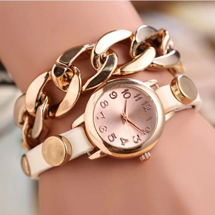 Хит, женские наручные часы в стиле панк, женские часы с золотым циферблатом из искусственной кожи, с цепочкой, аналоговые кварцевые наручные часы, браслет AU 6