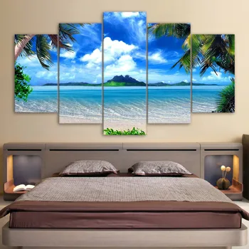 

HD Print Canvas Wall Art Pictures Modern Living Room 5 Panel Beach Blue Palm Trees Decor Poster 5 Pieces Painting Frame PENGDA