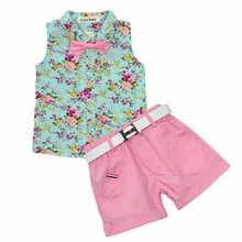 Одежда для мальчиков и девочек Лето г.; комплекты детской одежды для девочек; модная футболка без рукавов с цветочным принтом+ шорты; костюм; одежда для детей