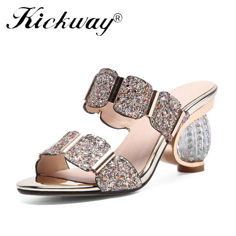 

Women Summer High Heels Mules Slippers Ladies Open Toe Clear Heel Crystal Outside Shoes Woman Fashion Footwear Large Size 34-43