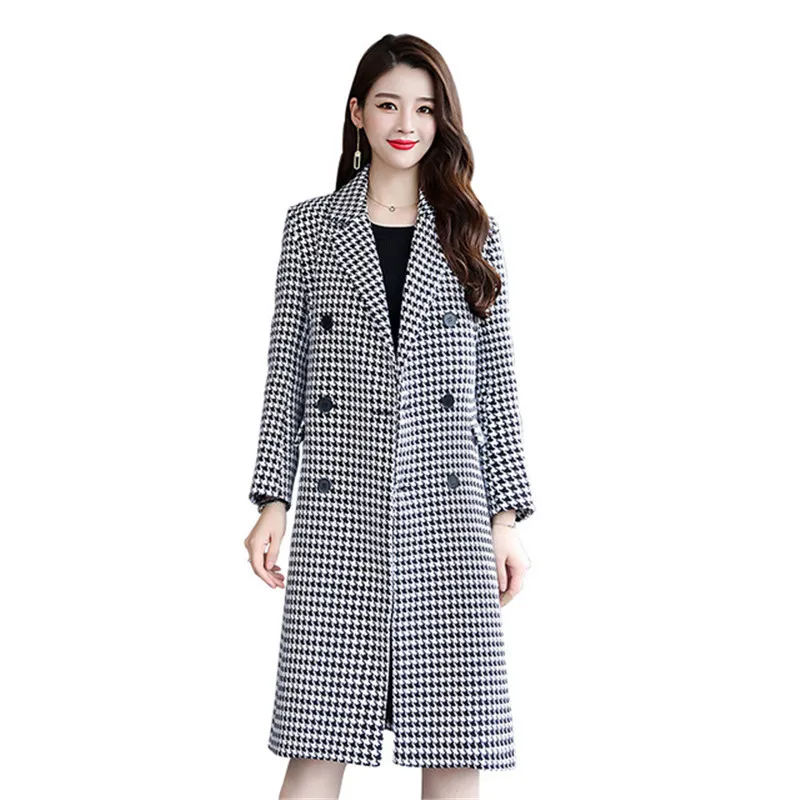 

Black White Plaid Coat Women's Long Spring Winter Woolen Coat Suit Collar Double-Breasted Korean Jacket Ladies Wild Windbreaker