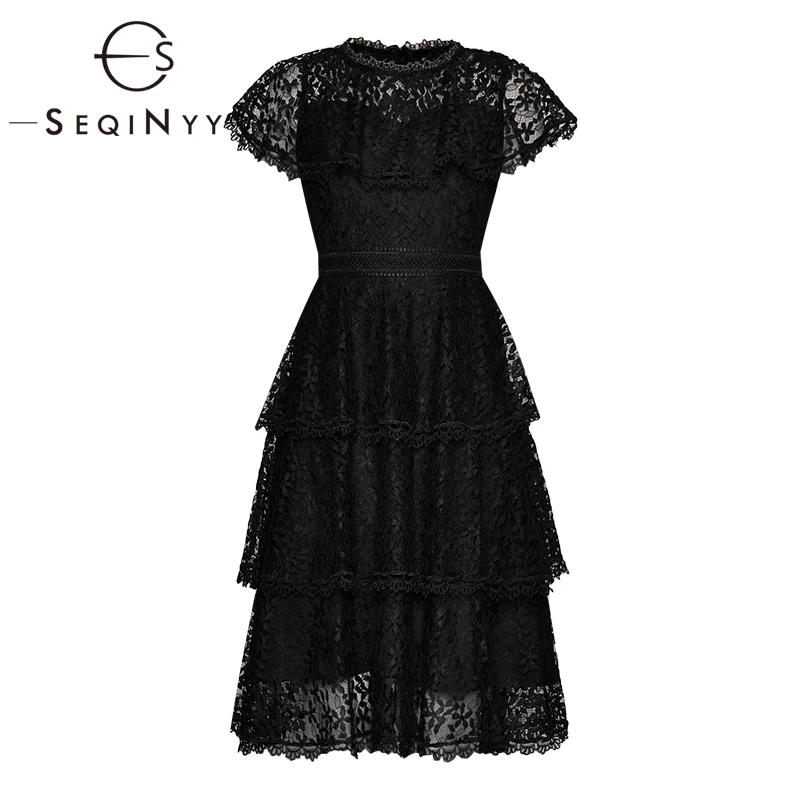 

SEQINYY Lace Dress 2020 Summer New Fashion Design Short Sleeve Ruffles Cascading Elegant Black Knee Dress