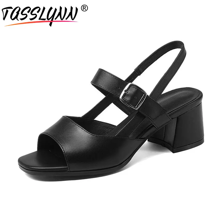 

TASSLYNN 2018 Woman Sandals Fashion Square High Heels Shoes Cow Leather PU Buckle Strap Square Toe Shoes for Woman Size 34-41