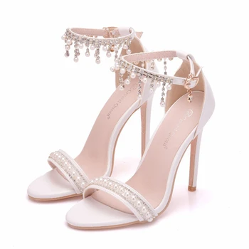 

11cm Open Toe Women Shoes Fashion High Heels Sandals Women Pumps Beading Sandals White Ankle Strap Wedding Shoes XY-A0292