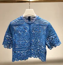 Women Brand new design Hollow-out lace Shirts 2019 summer sweet short sleeves Tops Shirt A483 navy lace hollow out short sleeves mini dresses with lace up design
