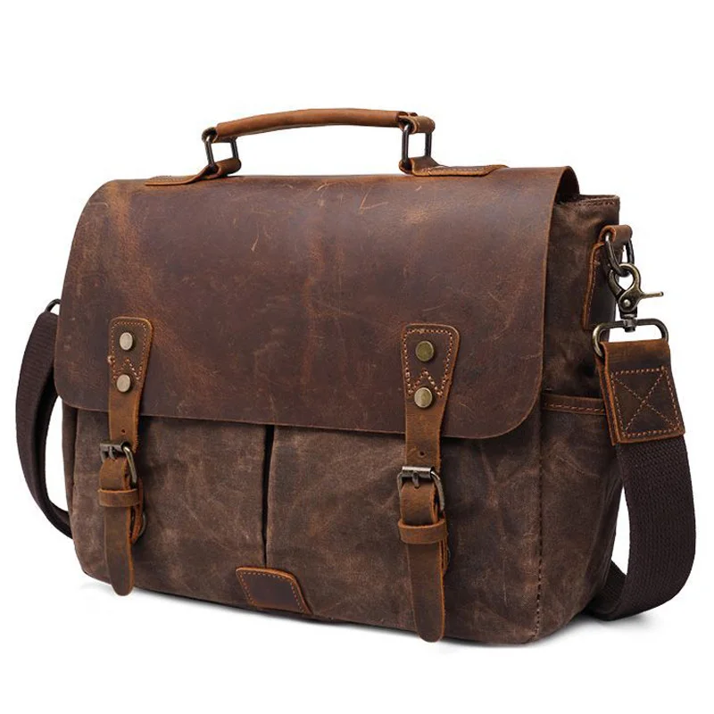 

Vintage 15.6 Inch Laptop Handbag Men Shoulder Bag Canvas Add Genuine Leather Crossbody Messenger Bags Zipper Briefcase Men Bag