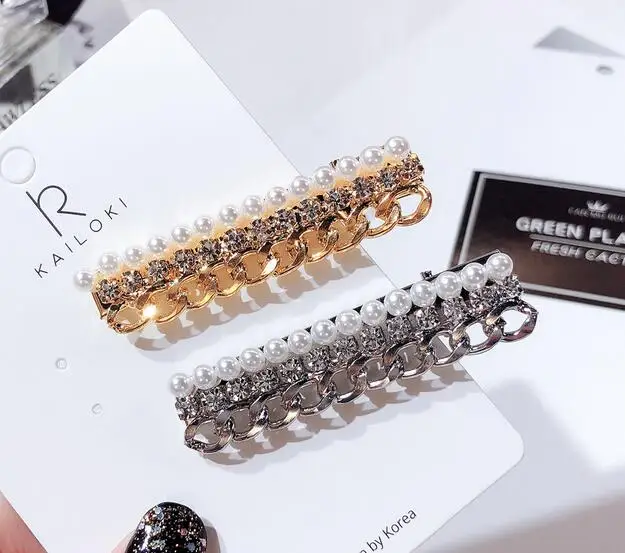 

2019 New Imitiation Pearl Crystal Hairpins Hair Clips Women Metal Gold Silver Chain Hairgrip Rhinestones Hair Accessories