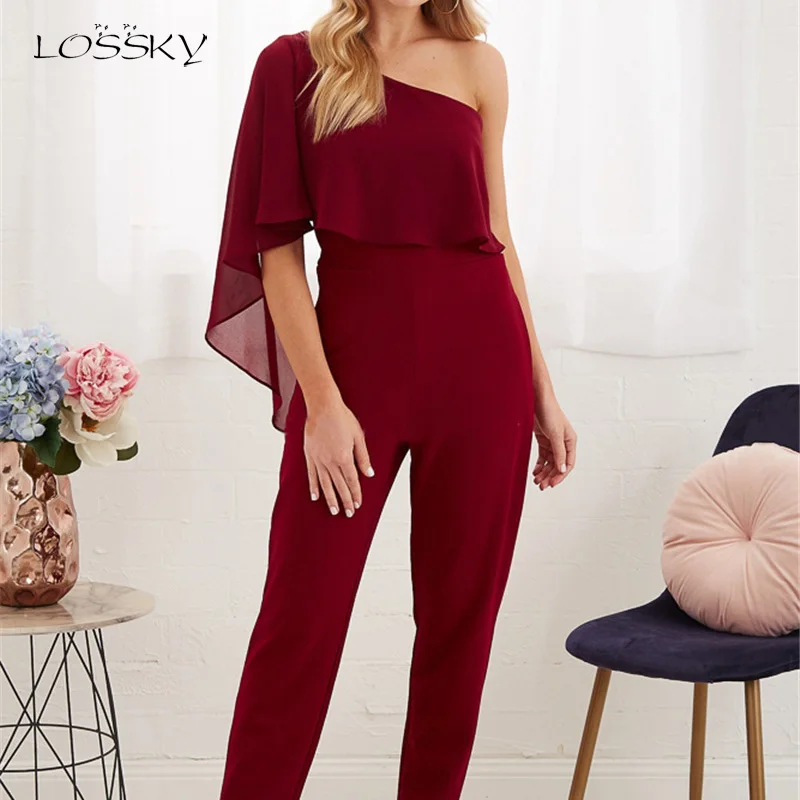 

Lossky Elegant Women Jumpsuit Hot Sexy Backless One Shoulder Irregular Summer Overall Romper Women Evening Party Long Jumpsuit