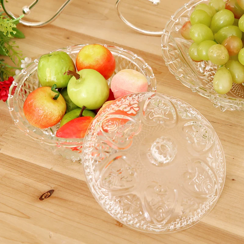 Clear glass candy bowl with lid of instant noodles fruit seeds plate