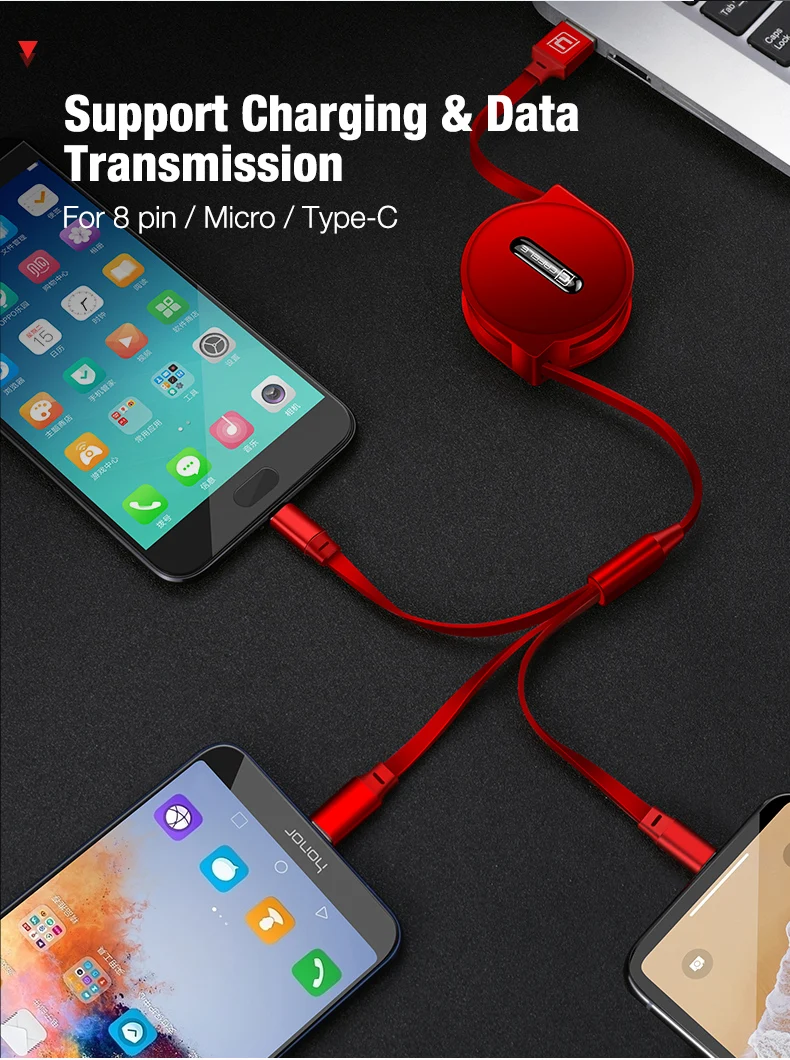 Cafele 3 в 1 Выдвижной USB кабель для iPhone Micro usb type C плоский кабель Быстрая зарядка для iPhone кабель+ Micro USB+ type-C